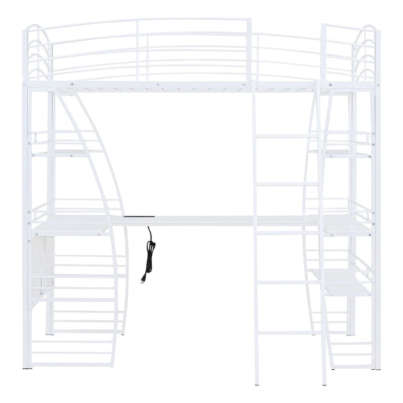 Lit mezzanine simple avec 4 étagères et un bureau en L, avec un ensemble de prises, des ports USB et un chargeur sans fil.