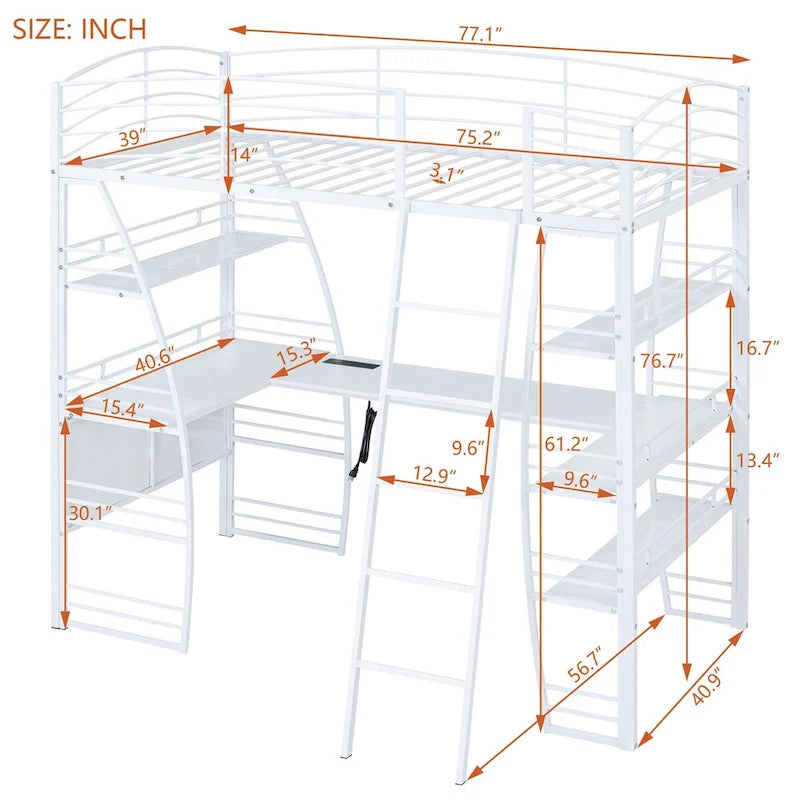 Lit mezzanine simple avec 4 étagères et un bureau en L, avec un ensemble de prises, des ports USB et un chargeur sans fil.