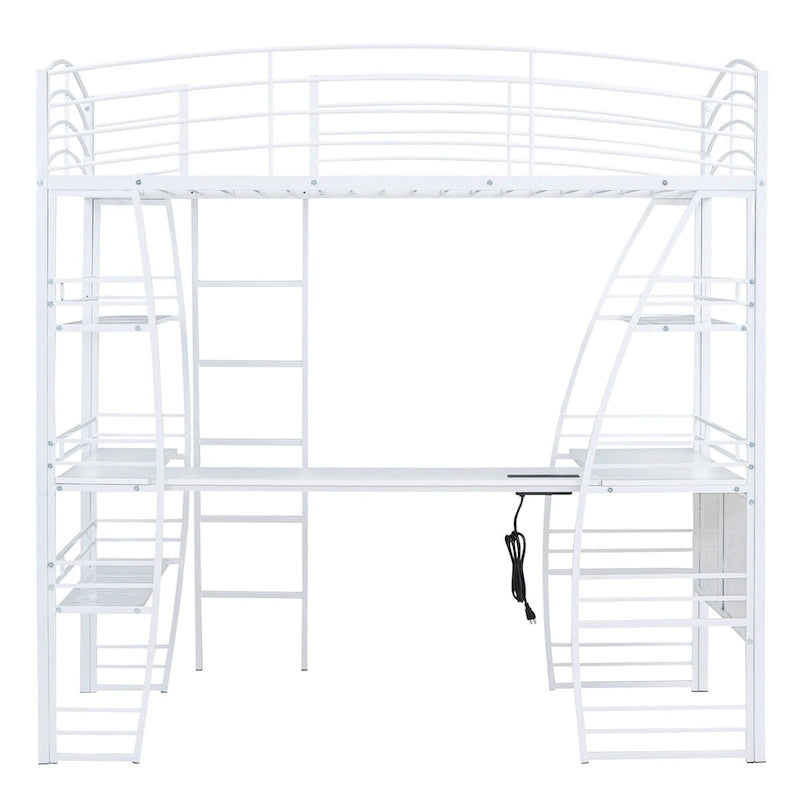 Lit mezzanine simple avec 4 étagères et un bureau en L, avec un ensemble de prises, des ports USB et un chargeur sans fil.