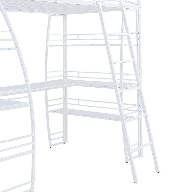 Lit mezzanine simple avec 4 étagères et un bureau en L, avec un ensemble de prises, des ports USB et un chargeur sans fil.