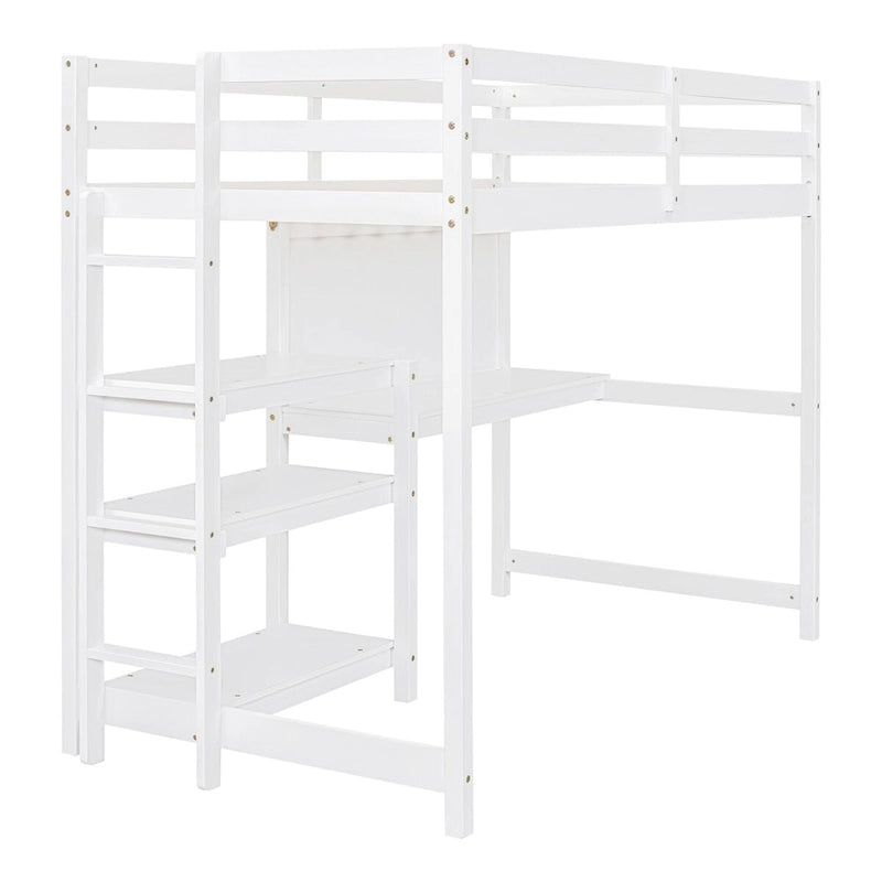 Lit mezzanine blanc en bois avec étagères à 3 niveaux, bureau et tableau d'écriture, garde-corps pleine longueur
