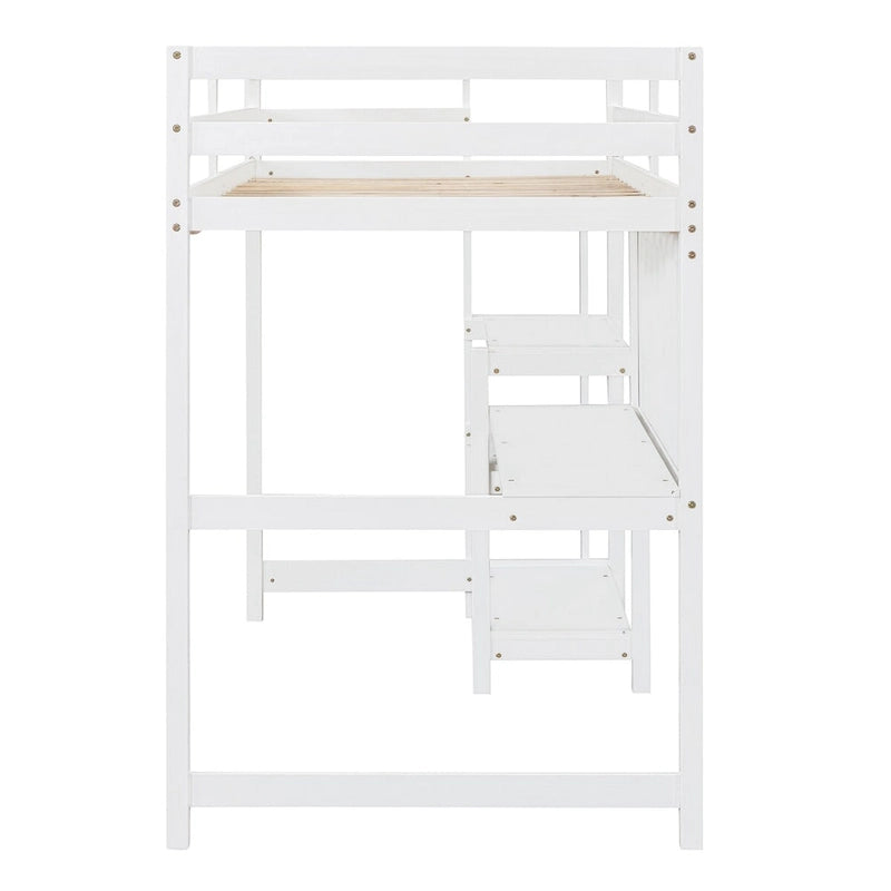 Lit mezzanine blanc en bois avec étagères à 3 niveaux, bureau et tableau d'écriture, garde-corps pleine longueur