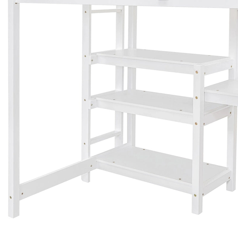Lit mezzanine blanc en bois avec étagères à 3 niveaux, bureau et tableau d'écriture, garde-corps pleine longueur