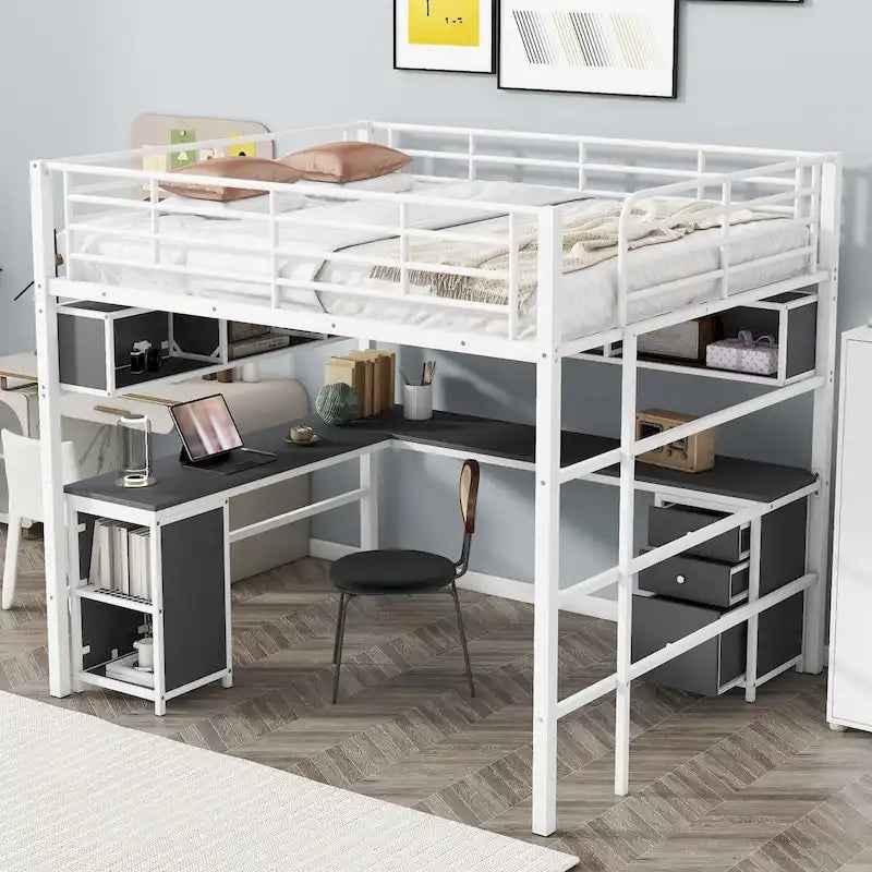 Lit mezzanine pleine taille en métal avec bibliothèque, bureau, armoire et échelle