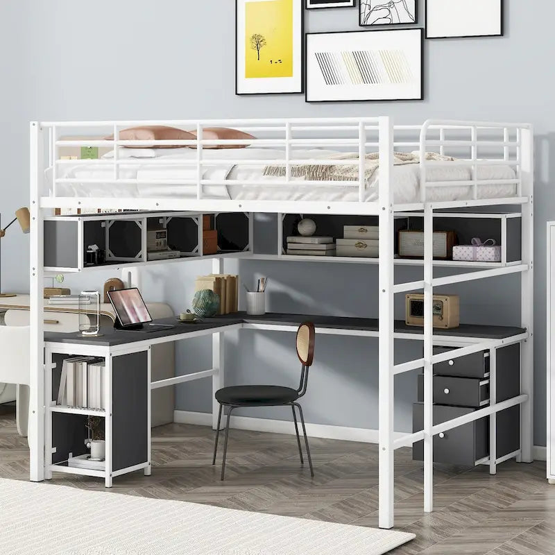 Full Size Metal Loft Bed with Bookcase,Desk,Cabinet and Ladder for Kids and Teens