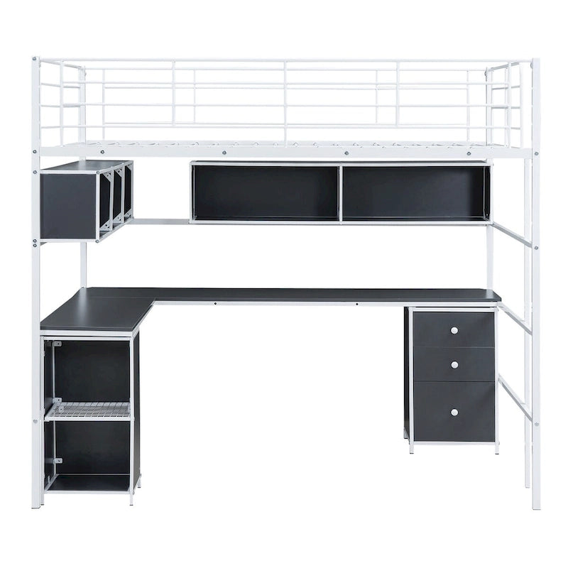 Lit mezzanine pleine taille en métal avec bibliothèque, bureau, armoire et échelle