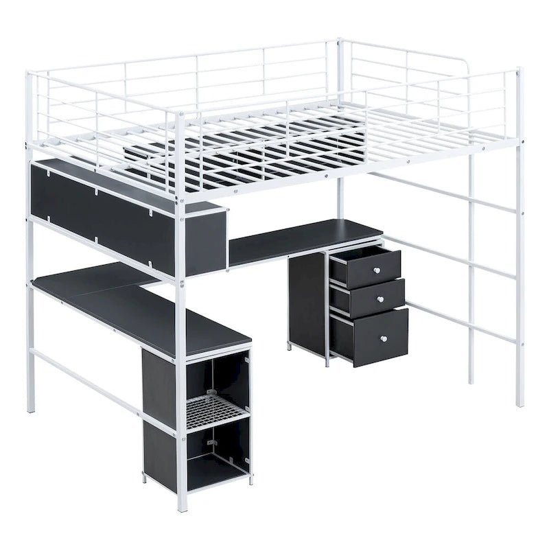 Lit mezzanine pleine taille en métal avec bibliothèque, bureau, armoire et échelle