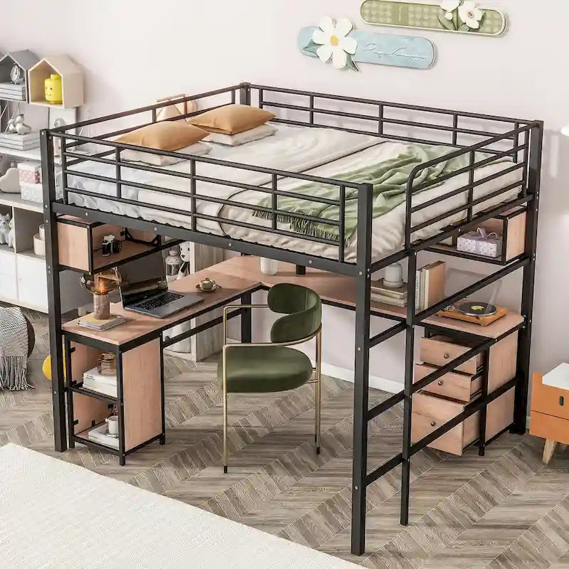 Lit mezzanine pleine taille en métal avec bibliothèque, bureau, armoire et échelle