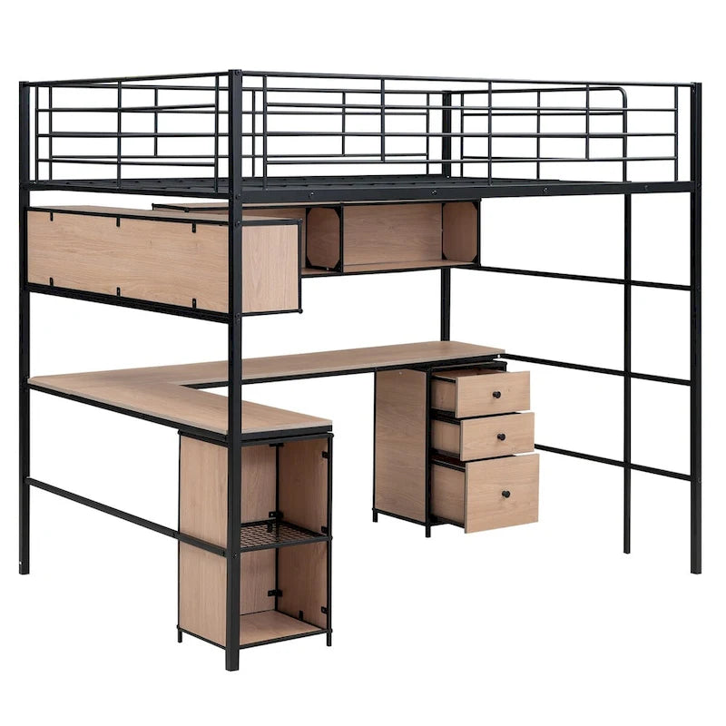 Lit mezzanine pleine taille en métal avec bibliothèque, bureau, armoire et échelle