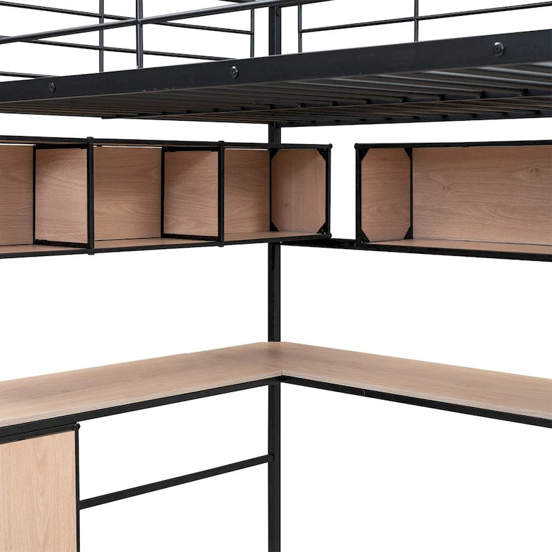 Lit mezzanine pleine taille en métal avec bibliothèque, bureau, armoire et échelle
