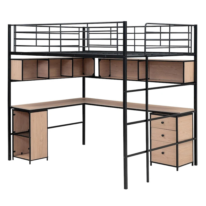 Lit mezzanine pleine taille en métal avec bibliothèque, bureau, armoire et échelle