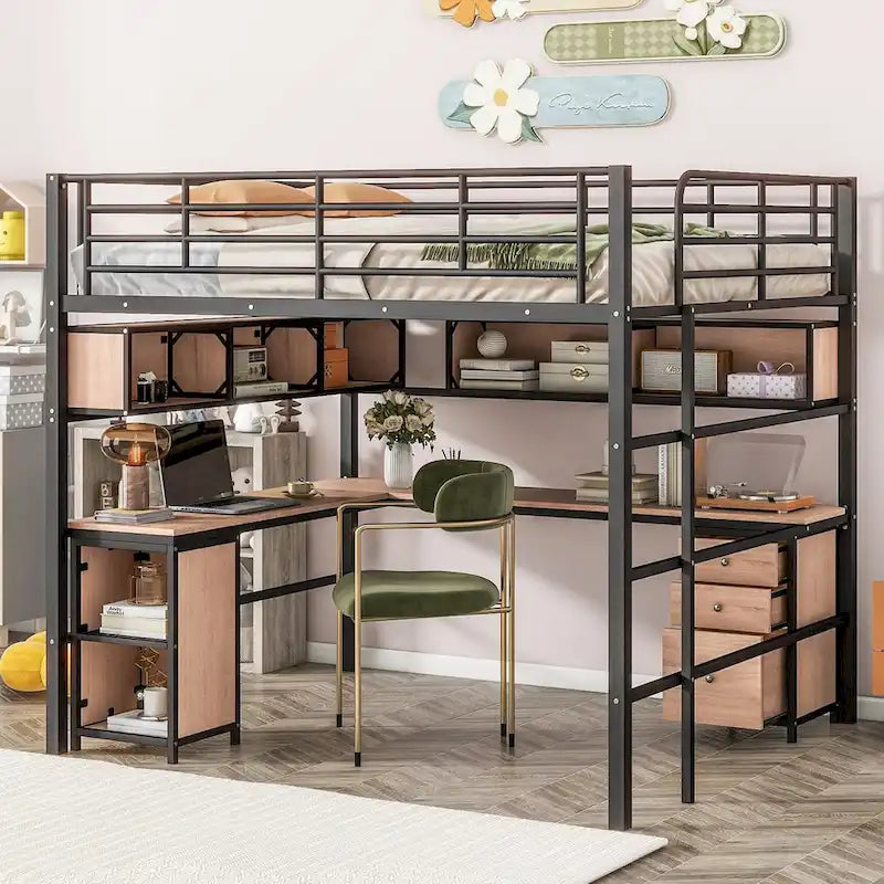 Lit mezzanine pleine taille en métal avec bibliothèque, bureau, armoire et échelle