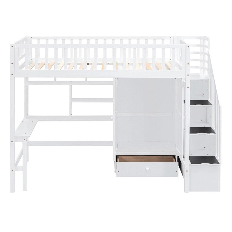 Lit mezzanine une place avec bibliothèque, tiroirs, bureau et armoire