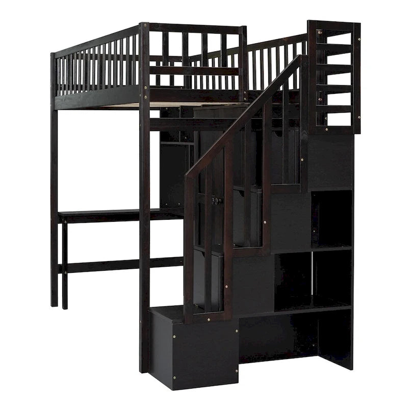 Lit mezzanine une place avec bibliothèque, tiroirs, bureau et armoire