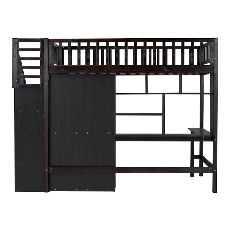 Lit mezzanine une place avec bibliothèque, tiroirs, bureau et armoire