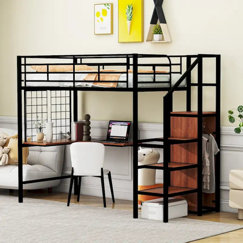 Lit mezzanine simple en métal avec bureau, échelle de rangement et armoire