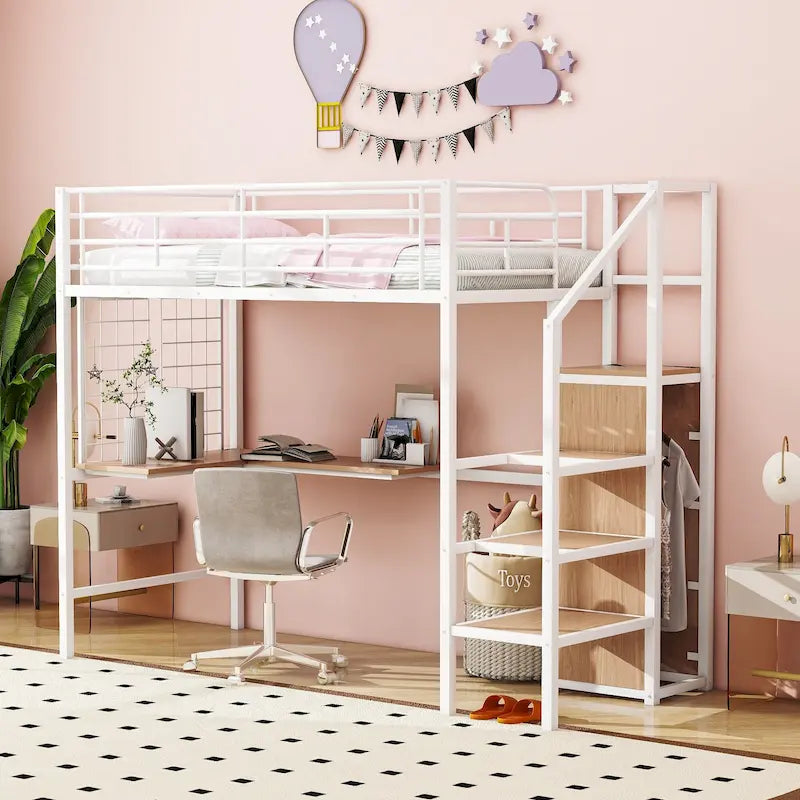 Lit mezzanine simple en métal avec bureau, échelle de rangement et armoire