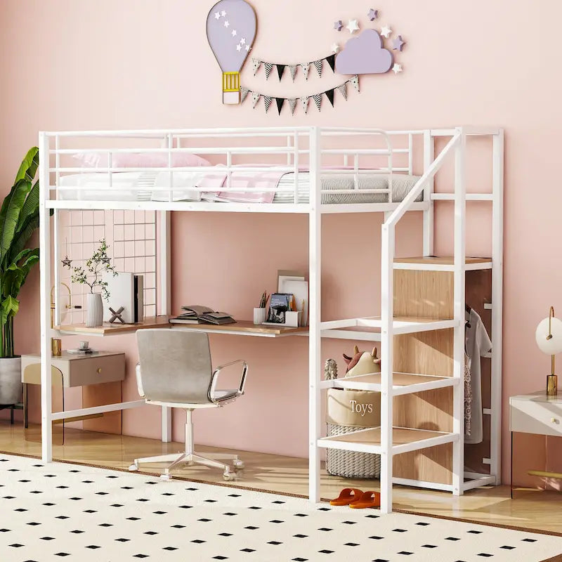 Twin Size Metal Loft Bed with Desk, Storage Ladder and Wardrobe