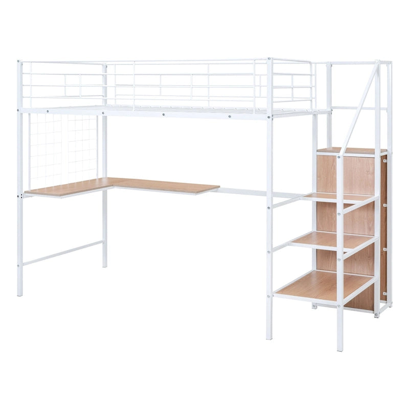 Lit mezzanine simple en métal avec bureau, échelle de rangement et armoire