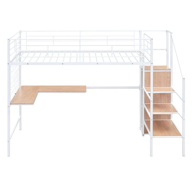 Lit mezzanine simple en métal avec bureau, échelle de rangement et armoire