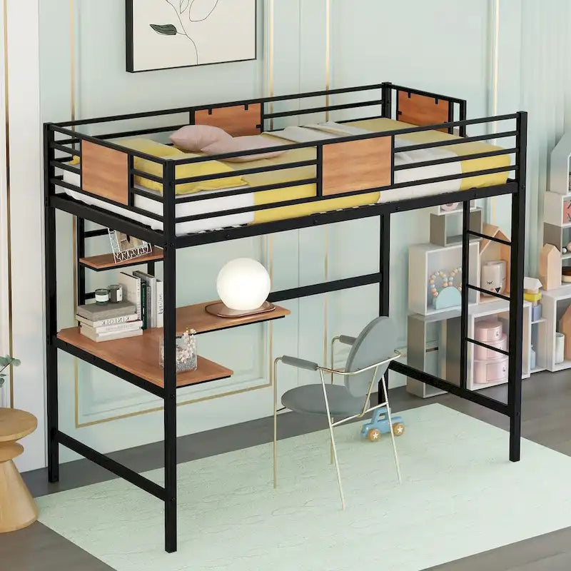 Lit mezzanine en métal avec bureau et étagères