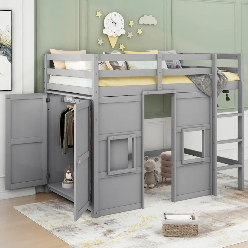 Twin Size Loft Bed with Built-in Storage Wardrobe and 2 Windows