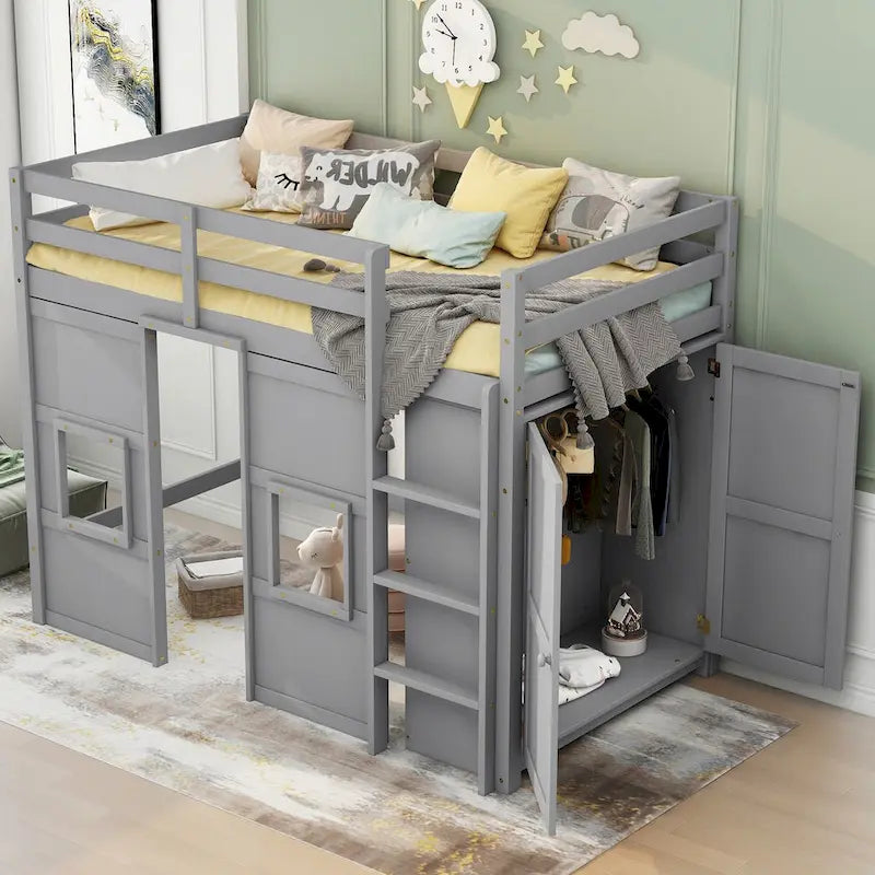 Lit mezzanine double avec armoire de rangement intégrée et 2 fenêtres
