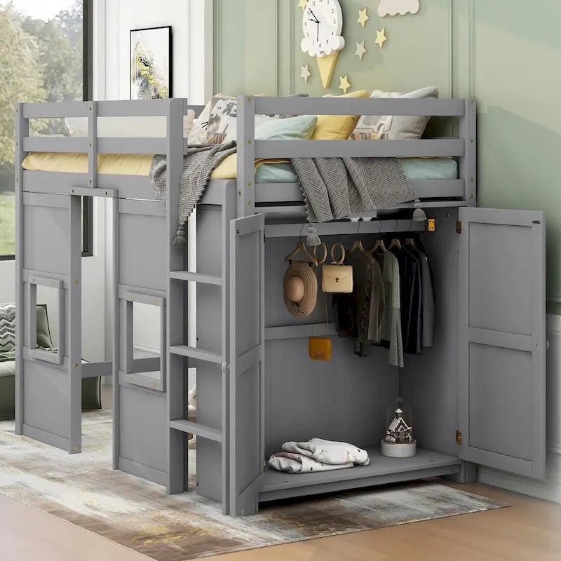 Lit mezzanine double avec armoire de rangement intégrée et 2 fenêtres