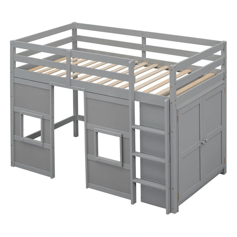 Lit mezzanine double avec armoire de rangement intégrée et 2 fenêtres
