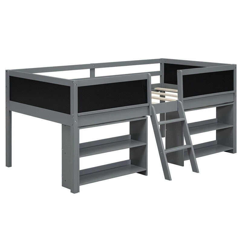 Lit mezzanine bas double avec deux étagères mobiles et une échelle, avec tableau de garde-corps décoratif, gris