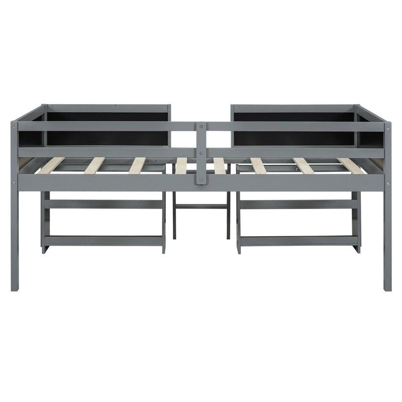 Lit mezzanine bas double avec deux étagères mobiles et une échelle, avec tableau de garde-corps décoratif, gris