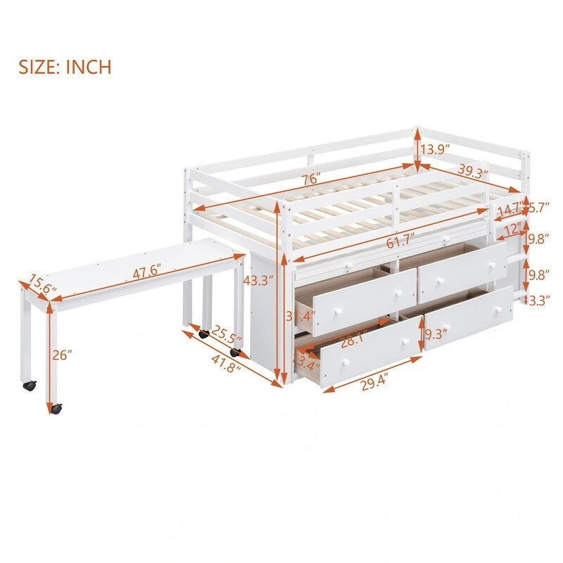 Lit mezzanine jumeau avec bureau rétractable et 4 tiroirs