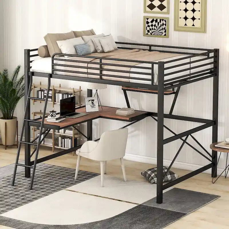 Lit mezzanine en métal et MDF avec bureau et étagère