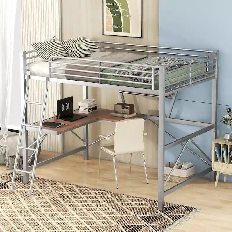 Lit mezzanine en métal et MDF avec bureau et étagère