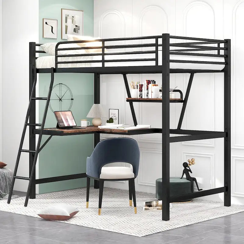 Loft Metal & MDF Bed with Desk and Shelf