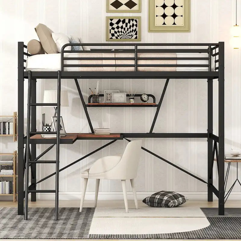 Lit mezzanine en métal et MDF avec bureau et étagère