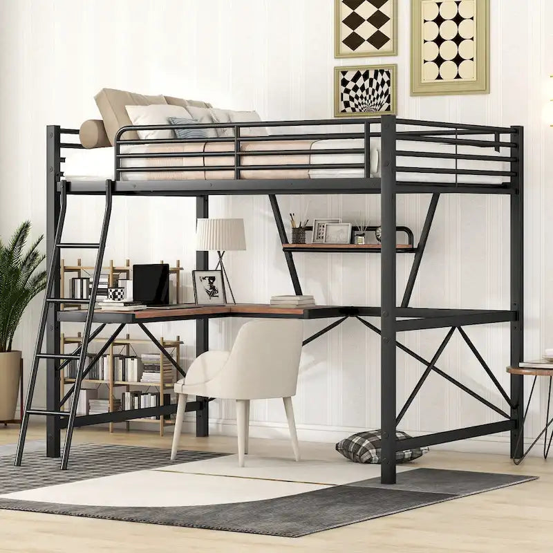 Lit mezzanine en métal et MDF avec bureau et étagère