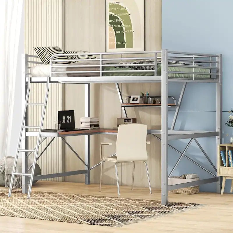 Lit mezzanine en métal et MDF avec bureau et étagère