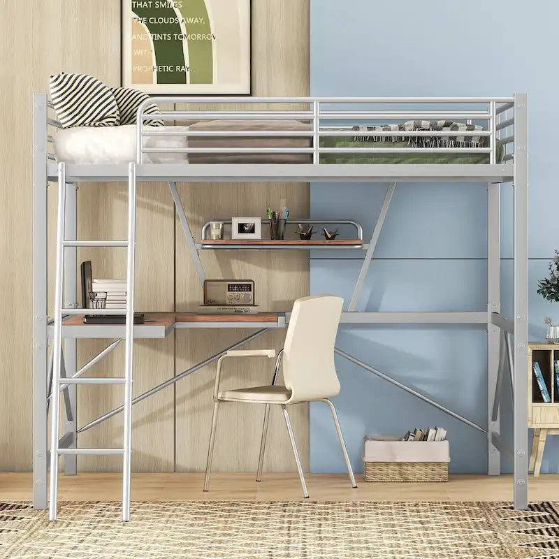 Lit mezzanine en métal et MDF avec bureau et étagère