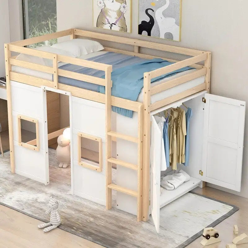Lit mezzanine en bois, taille double, avec armoire de rangement intégrée et 2 fenêtres