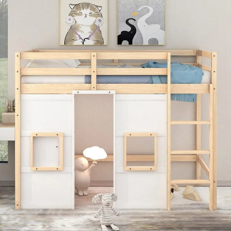 Lit mezzanine en bois, taille double, avec armoire de rangement intégrée et 2 fenêtres