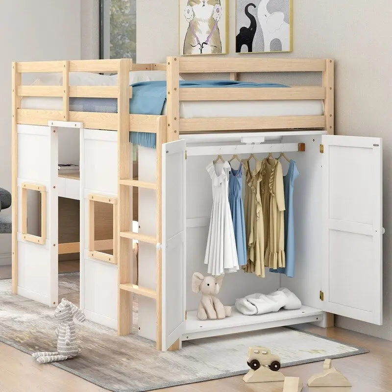 Lit mezzanine en bois, taille double, avec armoire de rangement intégrée et 2 fenêtres