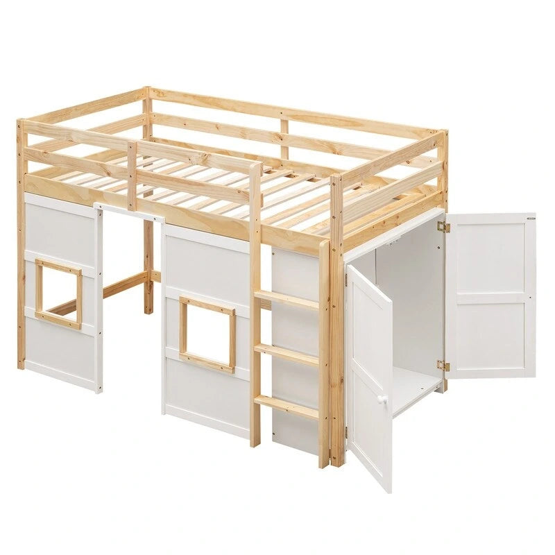 Lit mezzanine en bois, taille double, avec armoire de rangement intégrée et 2 fenêtres