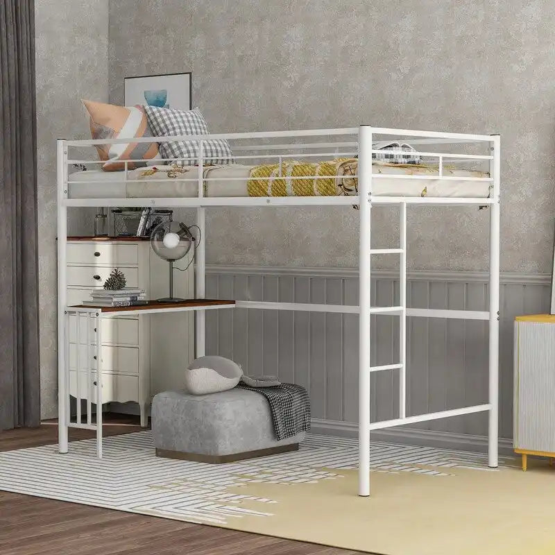 Lit mezzanine double en métal avec bureau, échelle et barrières de sécurité