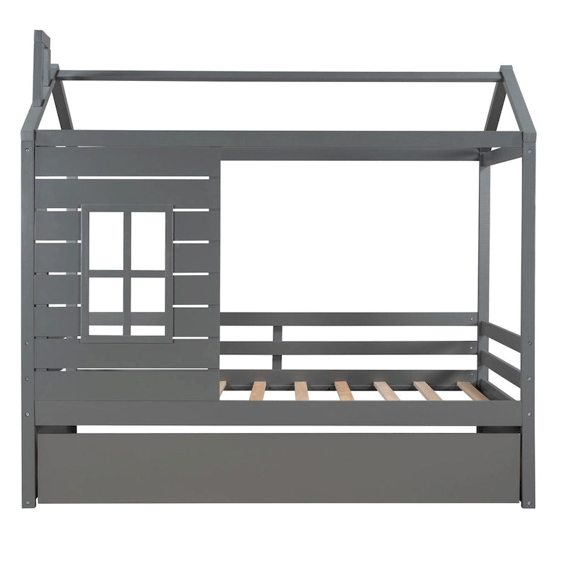 Lit cabane double avec lit gigogne, toit et fenêtres