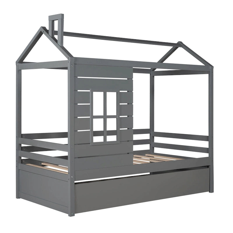 Lit cabane double avec lit gigogne, toit et fenêtres