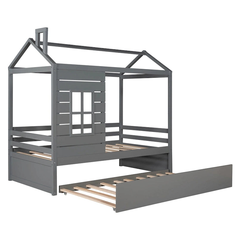 Lit cabane double avec lit gigogne, toit et fenêtres