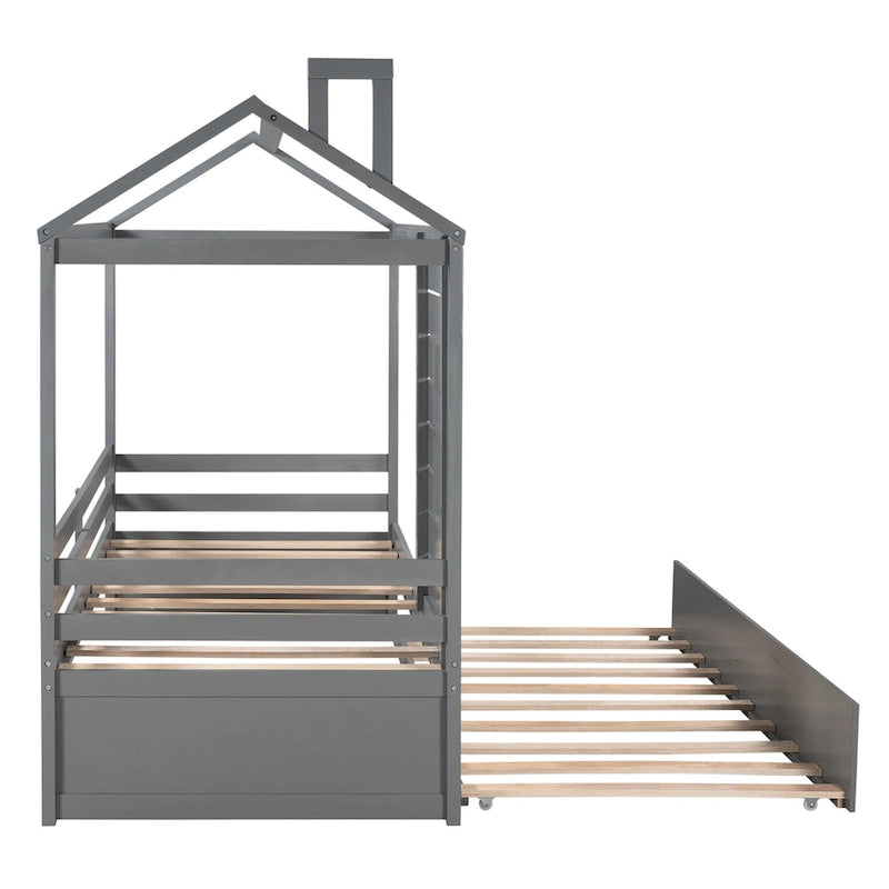 Lit cabane double avec lit gigogne, toit et fenêtres