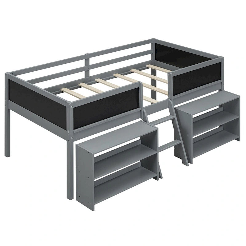 Twin Size Low Loft Bed with Two Movable Shelves and Ladder