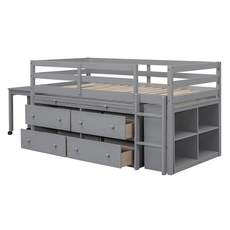 Lit mezzanine double avec bureau rétractable, 4 tiroirs, bureau portable latéral et étagères